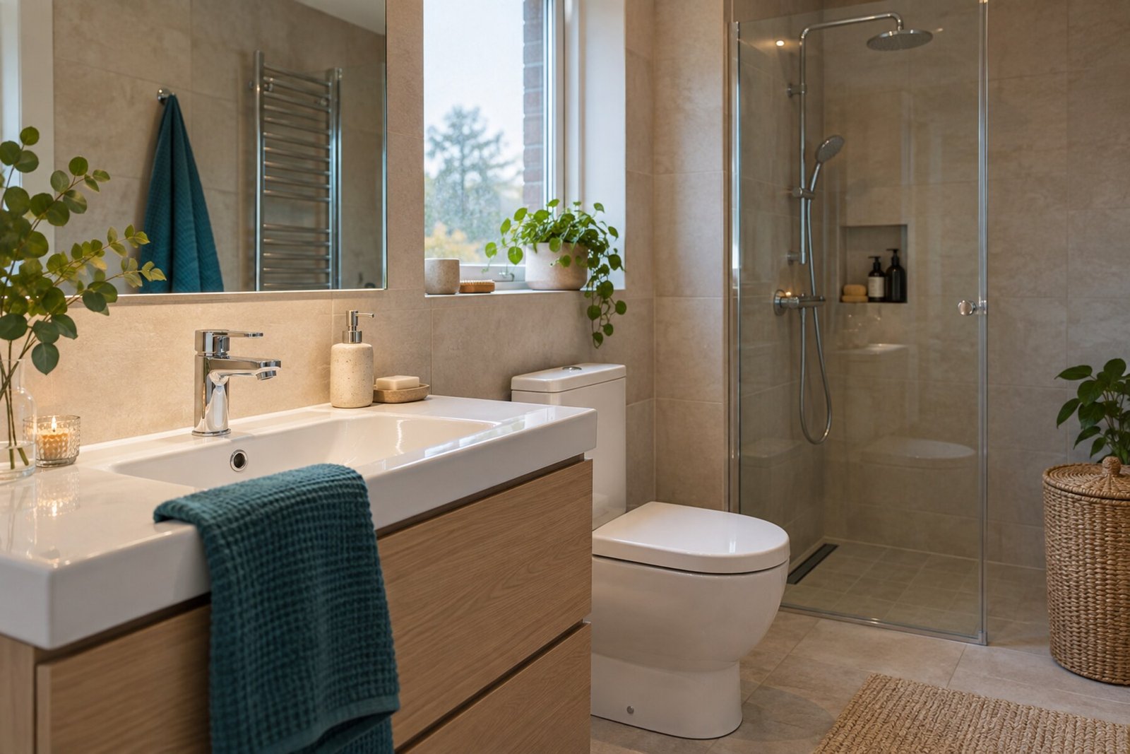 Rent badrum med blankt handfat, spegel och duschglas