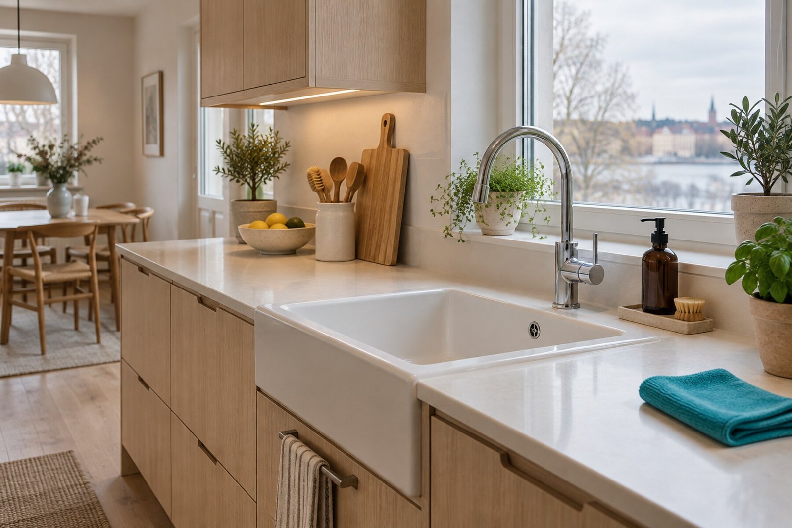 Rent kök med avtorkade arbetsytor och ordning på bänken